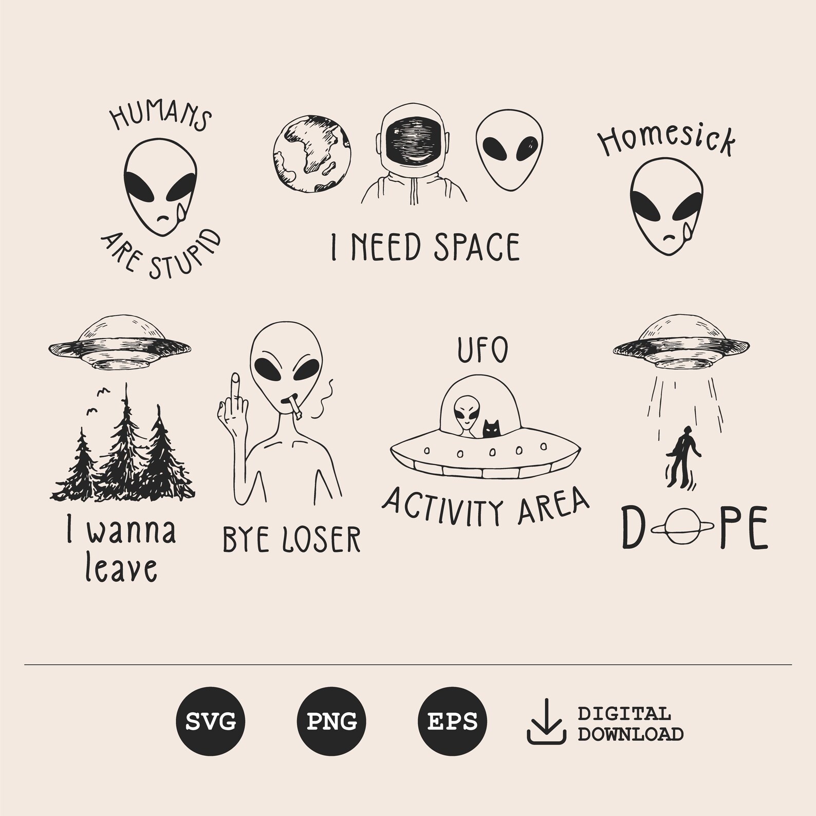 Hand Drawn Sketches Alien Doodles SVG | Hand-drawn Weird UFO, Spaceship ...