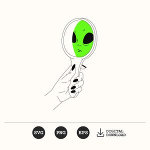 Op de afbeelding: Een hand die een vergrootglas vasthoudt met een groen alien gezicht erin. Het alien heeft grote zwarte ogen en een serieuze uitdrukking.