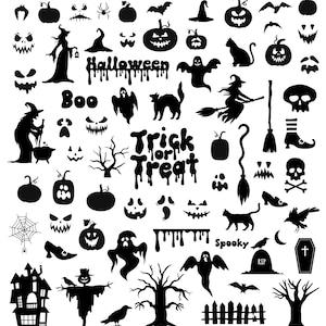 Halloween svg Bundle 70 Silhouette Elements | SVG PNG AI | Spooky Ghosts, Pumpkins, Witches, Bats. Halloween svg