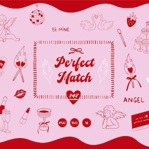 Pode incluir: Ilustração rosa e vermelha com tema de Dia dos Namorados com vários rabiscos, incluindo querubins, cisnes, champanhe e o texto "Perfect Match". O design inclui uma bola de discoteca, fósforos e um batom.
