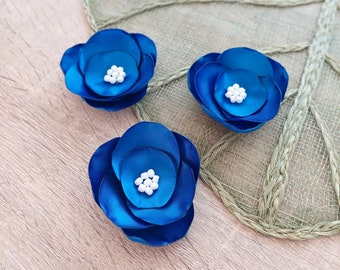 Satin fabric flowers, silk flower appliques, small satin roses, wedding flowers, bulk fabric flower embellishments (3pcs)- ROYAL BLUE ROSES