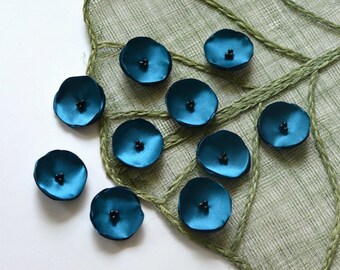 Satin fabric handmade sew on mini flower appliques, tiny silk flowers, fabric flowers, floral embellishments (10pcs)- TEAL BLUE POPPIES
