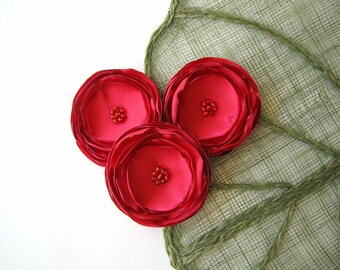 Large fabric flowers, silk flowers bulk, flowers for wedding, headband flowers, rose fabric flowers, satin appliques (3pcs)- RED BLOSSOMS