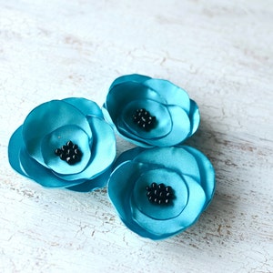 Satin fabric flowers, silk flower appliques, small satin roses, wedding flowers, fabric flower embellishments 3pcs TURQUOISE BLUE ROSES image 2