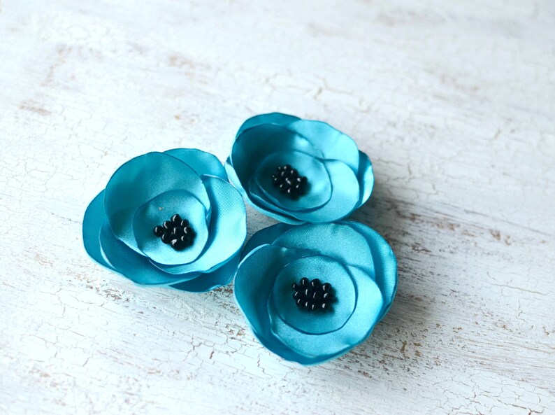 Satin fabric flowers, silk flower appliques, small satin roses, wedding flowers, fabric flower embellishments 3pcs TURQUOISE BLUE ROSES image 2