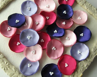 Sew on mini flower appliques, tiny satin flowers  (25pcs)- SHADES of PINK and PURPLE (Baby Pink, Carnation, Fuchsia, Lavender, Amethyst )