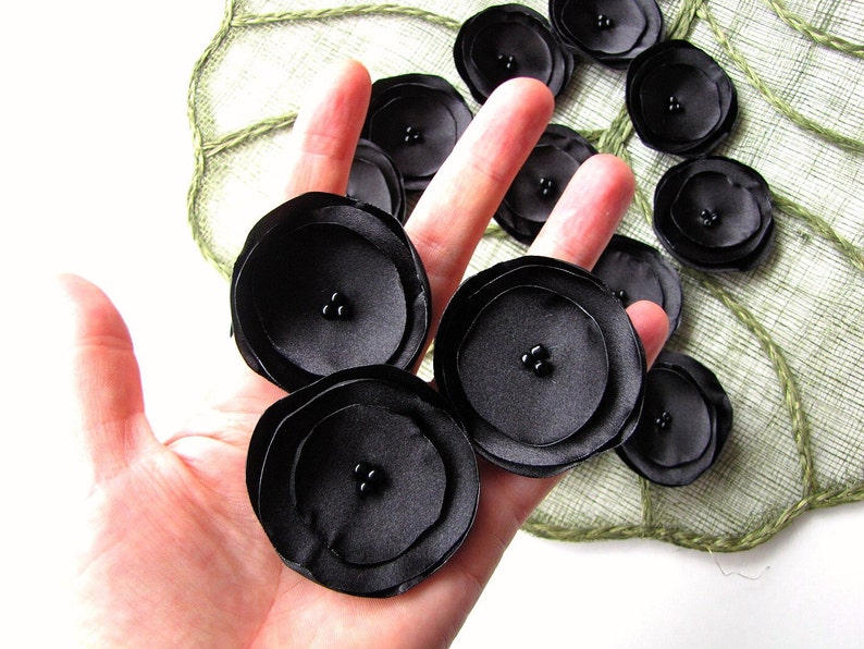 Small fabric flowers, satin flower appliques, table decorations, wedding flowers, wholesale silk flowers for crafts 15pcs BLACK BLOSSOMS image 4