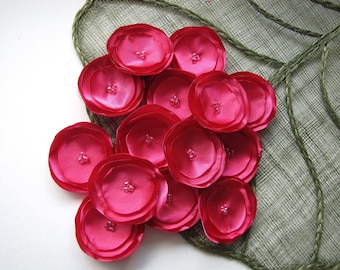 Artificial flowers, handmade fabric flowers, silk satin flowers, flower appliques, faux flower embellishments (15pcs)- FUCHSIA PINK BLOSSOMS