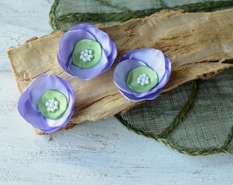 Satin fabric flowers, silk flower appliques, small satin roses, wedding flowers, flower embellishment (3pcs)- LAVENDER and LIME GREEN roses