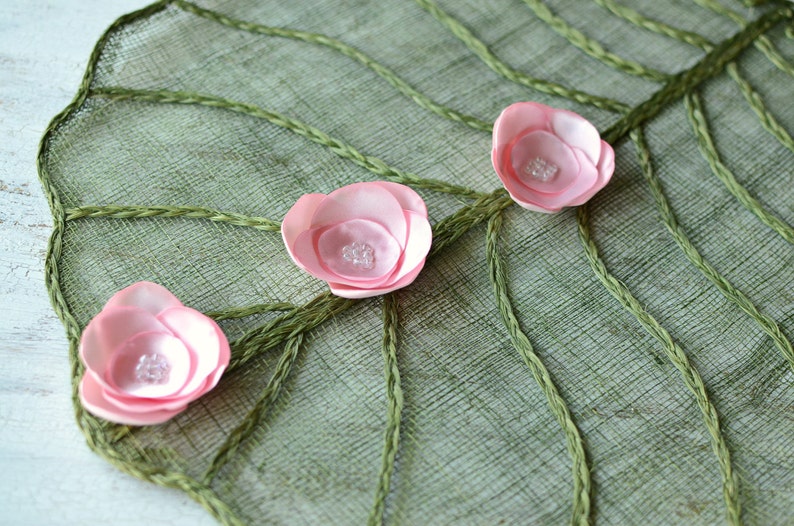 Satin fabric flowers, silk flower appliques, small satin roses, wedding flowers, bulk fabric flower embellishments 3pcs BABY PINK ROSES image 2