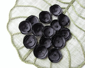 Small fabric flowers, satin flower appliques, table decorations, wedding flowers, wholesale silk flowers for crafts (15pcs)- BLACK BLOSSOMS