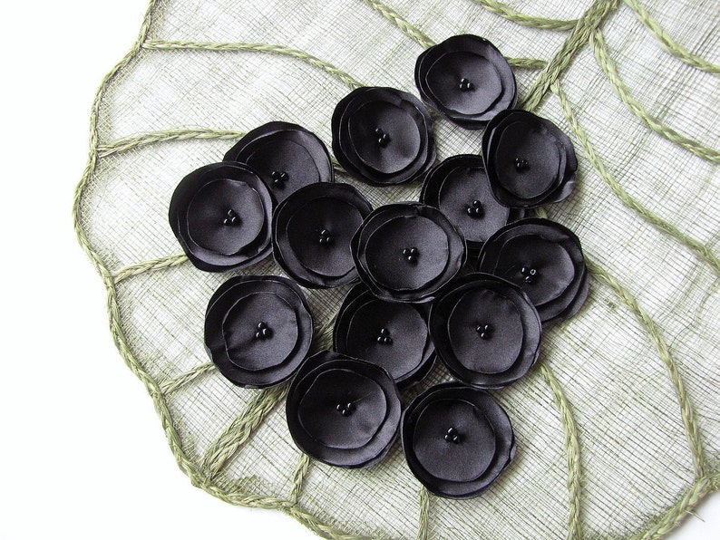 Small fabric flowers, satin flower appliques, table decorations, wedding flowers, wholesale silk flowers for crafts 15pcs BLACK BLOSSOMS image 1