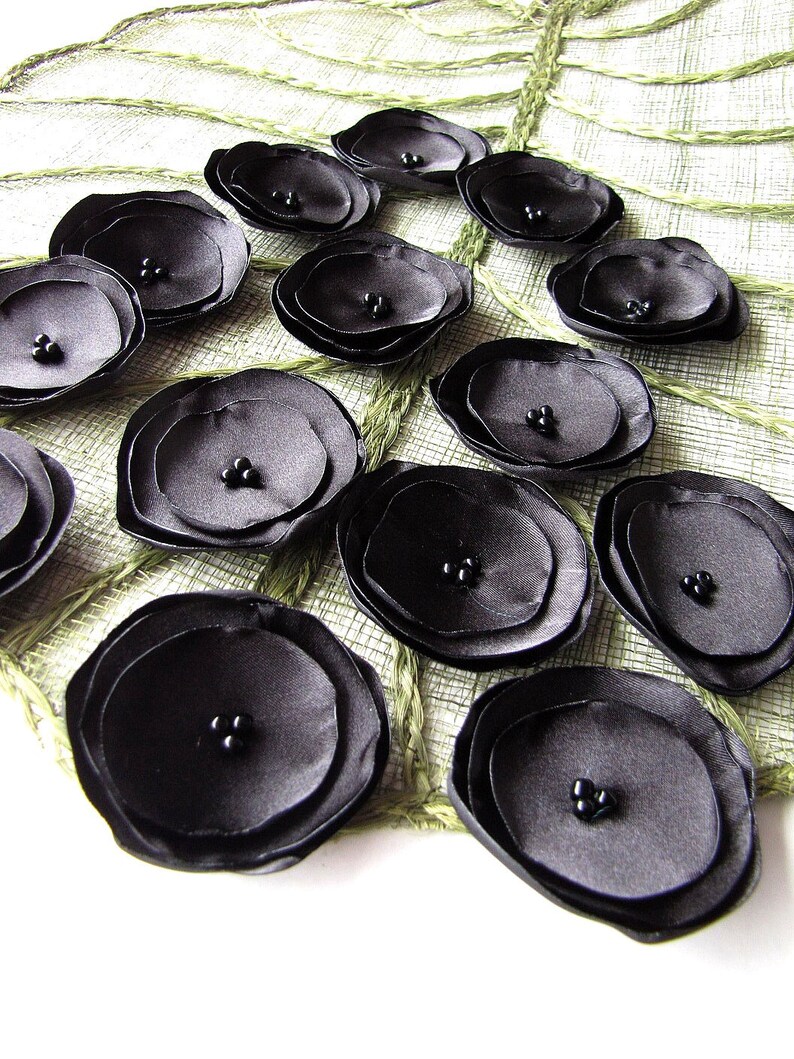 Small fabric flowers, satin flower appliques, table decorations, wedding flowers, wholesale silk flowers for crafts 15pcs BLACK BLOSSOMS image 3