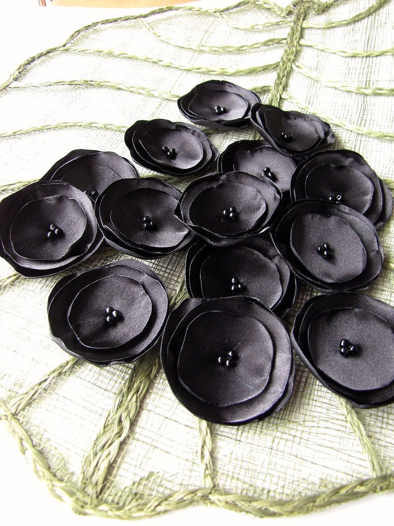Small fabric flowers, satin flower appliques, table decorations, wedding flowers, wholesale silk flowers for crafts 15pcs BLACK BLOSSOMS image 2
