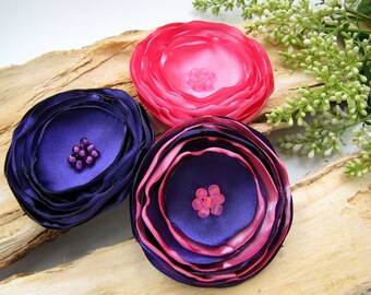 Large satin flower appliques, fabric flowers, sew on flowers, bridal flowers for bouquets, fake flowers (3pcs)- PURPLE and BUBBLEGUM PINK