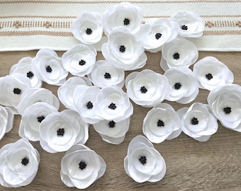Satin fabric flowers, silk flower appliques, small satin roses, satin wedding flowers, bulk silk flower embellishment (3pcs)- WHITE ROSES