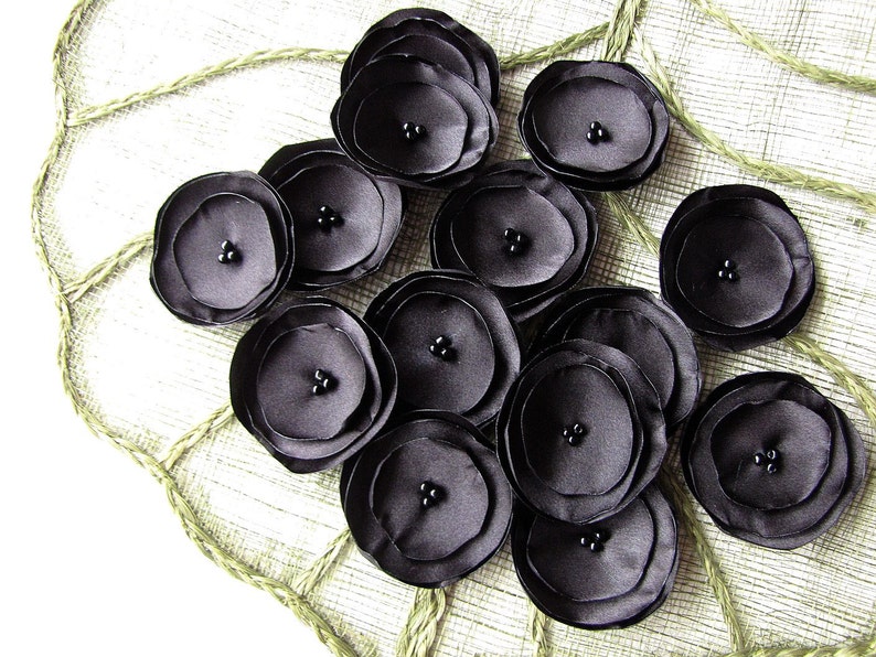 Small fabric flowers, satin flower appliques, table decorations, wedding flowers, wholesale silk flowers for crafts 15pcs BLACK BLOSSOMS image 5