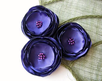 Fabric flowers, large flower appliques, satin flowers bulk, wedding flowers, hairband flowers, flower decor (3pcs)- AMETHYST PURPLE BLOSSOMS