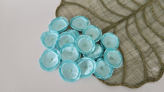 Artificial fabric flowers, satin flowers, bridal floral appliques, fabric flowers for crafts, wholesale flowers(15pcs)- AQUA MINT BLOSSOMS