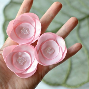 Satin fabric flowers, silk flower appliques, small satin roses, wedding flowers, bulk fabric flower embellishments 3pcs BABY PINK ROSES image 3