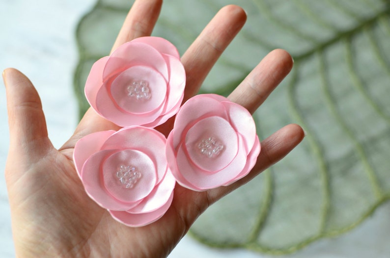 Satin fabric flowers, silk flower appliques, small satin roses, wedding flowers, bulk fabric flower embellishments 3pcs BABY PINK ROSES image 3