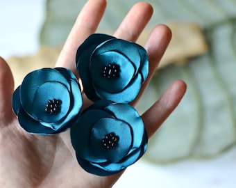 Satin fabric flowers, silk flower appliques, small satin roses, wedding flowers, bulk fabric flower embellishments (3pcs)- TEAL BLUE ROSES