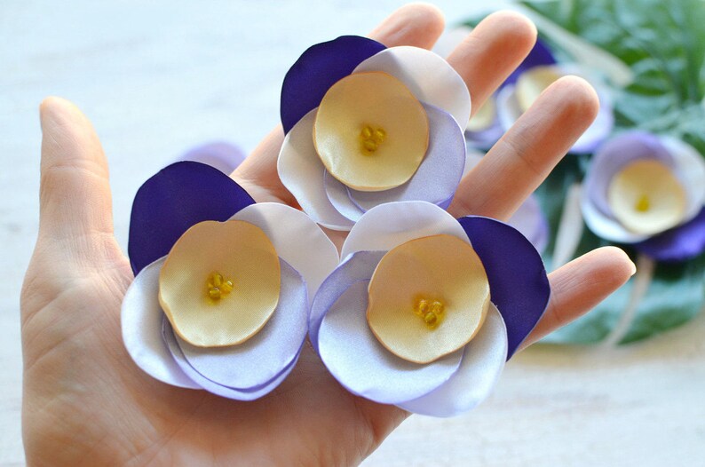 Fabric flower appliques, satin flower embellishment, floral supply, fabric flowers for crafts, silk flowers 10pcs PURPLE LAVENDER PANSIES image 3