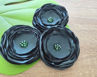 Handmade large satin flower appliques, fabric flowers bulk, fake flowers, flowers for vases, bridal flowers (3pcs)- DARK GREEN BLOSSOMS
