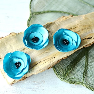 Satin fabric flowers, silk flower appliques, small satin roses, wedding flowers, fabric flower embellishments (3pcs)- TURQUOISE BLUE ROSES