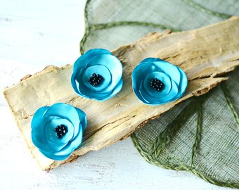 Satin fabric flowers, silk flower appliques, small satin roses, wedding flowers, fabric flower embellishments (3pcs)- TURQUOISE BLUE ROSES