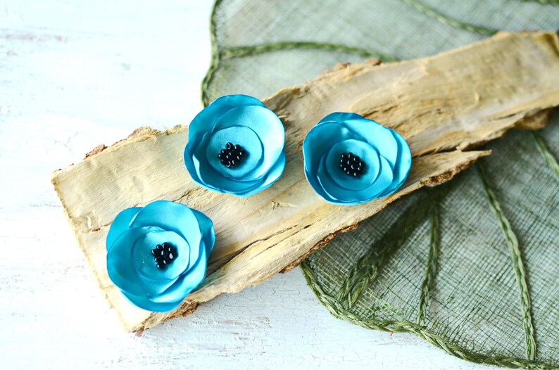 Satin fabric flowers, silk flower appliques, small satin roses, wedding flowers, fabric flower embellishments 3pcs TURQUOISE BLUE ROSES image 1