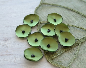 Small handmade fabric sew on flower appliques, fabric flowers for crafts, mini satin poppies, wholesale flowers (10pcs)- MOSS GREEN POPPIES