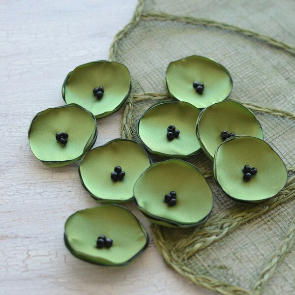 Small handmade fabric sew on flower appliques, fabric flowers for crafts, mini satin poppies, wholesale flowers (10pcs)- MOSS GREEN POPPIES