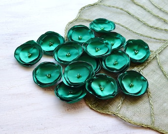 Fabric flowers bulk, silk flowers, satin fabric handmade sew on flower appliques, decor for wedding crafts (15pcs)- EMERALD GREEN BLOSSOMS