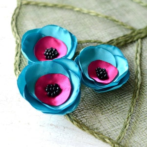Satin fabric flowers, silk flower appliques, small satin roses, satin wedding flowers, flower embellishment (3pcs)- TURQUOISE and FUCHSIA