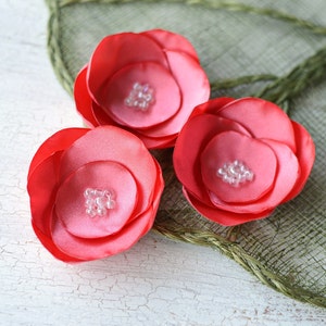 Satin fabric flowers, silk flower appliques, small satin roses, wedding flowers, bulk fabric flower embellishments 3pcs CORAL PINK ROSES image 2