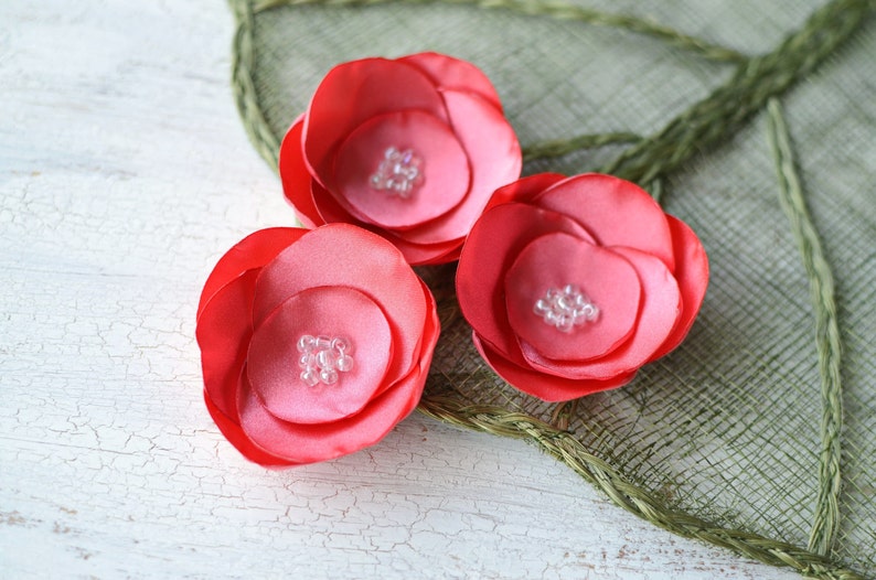 Satin fabric flowers, silk flower appliques, small satin roses, wedding flowers, bulk fabric flower embellishments 3pcs CORAL PINK ROSES image 2