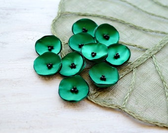 Small sew on flower appliques, satin flowers, silk flowers for wedding, fabric flowers bulk, artificial poppy (10pcs)- EMERALD GREEN POPPIES