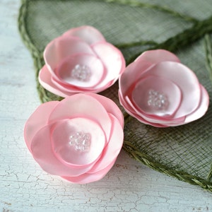 Satin fabric flowers, silk flower appliques, small satin roses, wedding flowers, bulk fabric flower embellishments 3pcs BABY PINK ROSES image 1