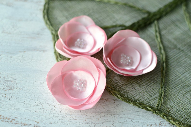 Satin fabric flowers, silk flower appliques, small satin roses, wedding flowers, bulk fabric flower embellishments 3pcs BABY PINK ROSES image 1