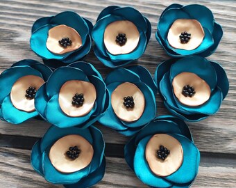 Satin fabric flowers, silk flower appliques, small satin roses, satin wedding flowers, bulk flower embellishment (3pcs)- TEAL and GOLD ROSES