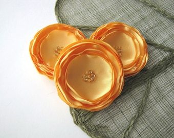Fabric flowers bulk, flowers for wedding, large satin flowers, flower appliques, golden yellow roses, embellishments (3pcs)- BRIGHT YELLOW