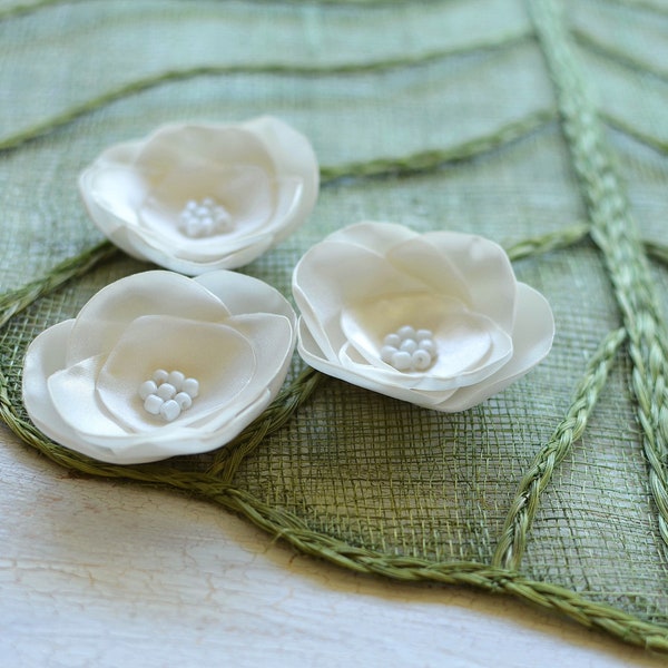 Satin fabric flowers, silk flower appliques, small satin roses, satin wedding flowers, bulk silk flower embellishment (3pcs)- IVORY ROSES