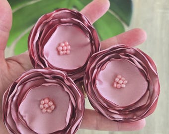 Handmade Large Satin Flower Appliques, Bulk Fabric Flowers for Bridal decor, Vases, Crafts, floral supplies,  (3pcs)- DUSTY ROSE BLOSSOMS
