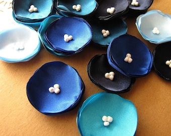 Satin fabric sew on mini flower appliques, tiny silk peacock flowers (25pcs)- SHADES OF BLUE (Baby Blue, Turquoise, Teal, Royal Blue, Navy)