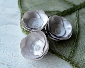 Satin fabric flowers, silk flower appliques, small satin roses, wedding flowers, bulk fabric flower embellishments (3pcs)- SILVER GRAY ROSES