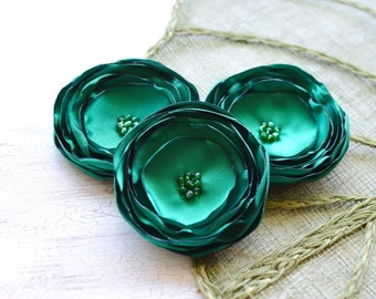 Handmade large satin flower appliques, fabric flowers bulk, fake flowers, flowers for vases, bridal flowers (3pcs)- EMERALD GREEN BLOSSOMS