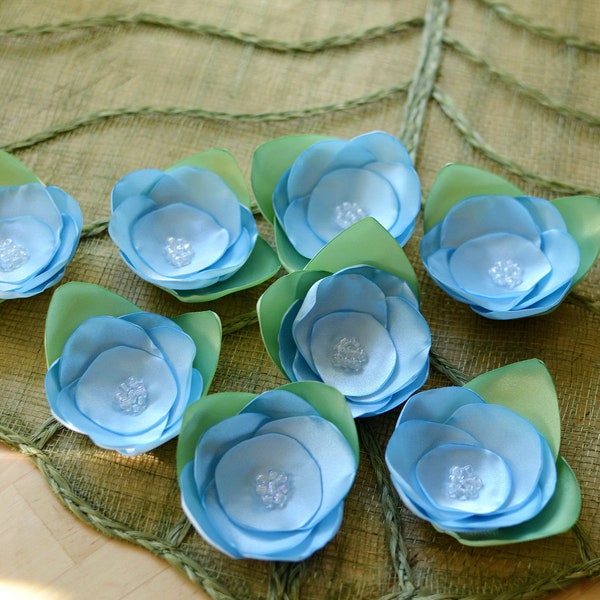 Satin fabric flowers, small fabric appliques, flower embellishments bulk, wholesale silk flowers, wedding flowers (3pcs )- BABY BLUE ROSES