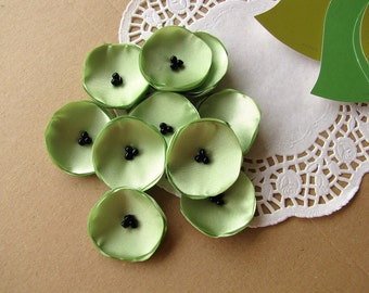 Small handmade fabric sew on flower appliques, mini fabric flowers, tiny silk poppies, light green floral decor  (10pcs)- LIME GREEN POPPIES