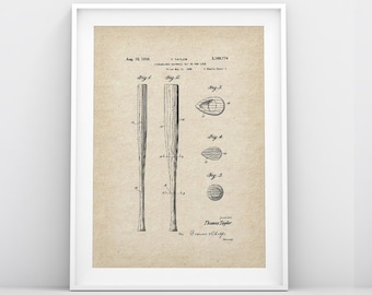 Baseball bat patent wall art, printable baseball art, vintage baseball instant download, 4 colors and 5 sizes included